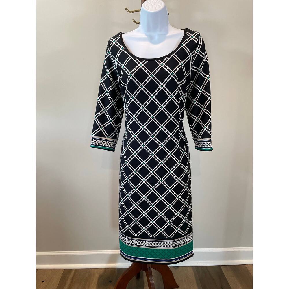 White House Black Market Size 12 Boho‑Style Dress Black w/ Green & White Accents